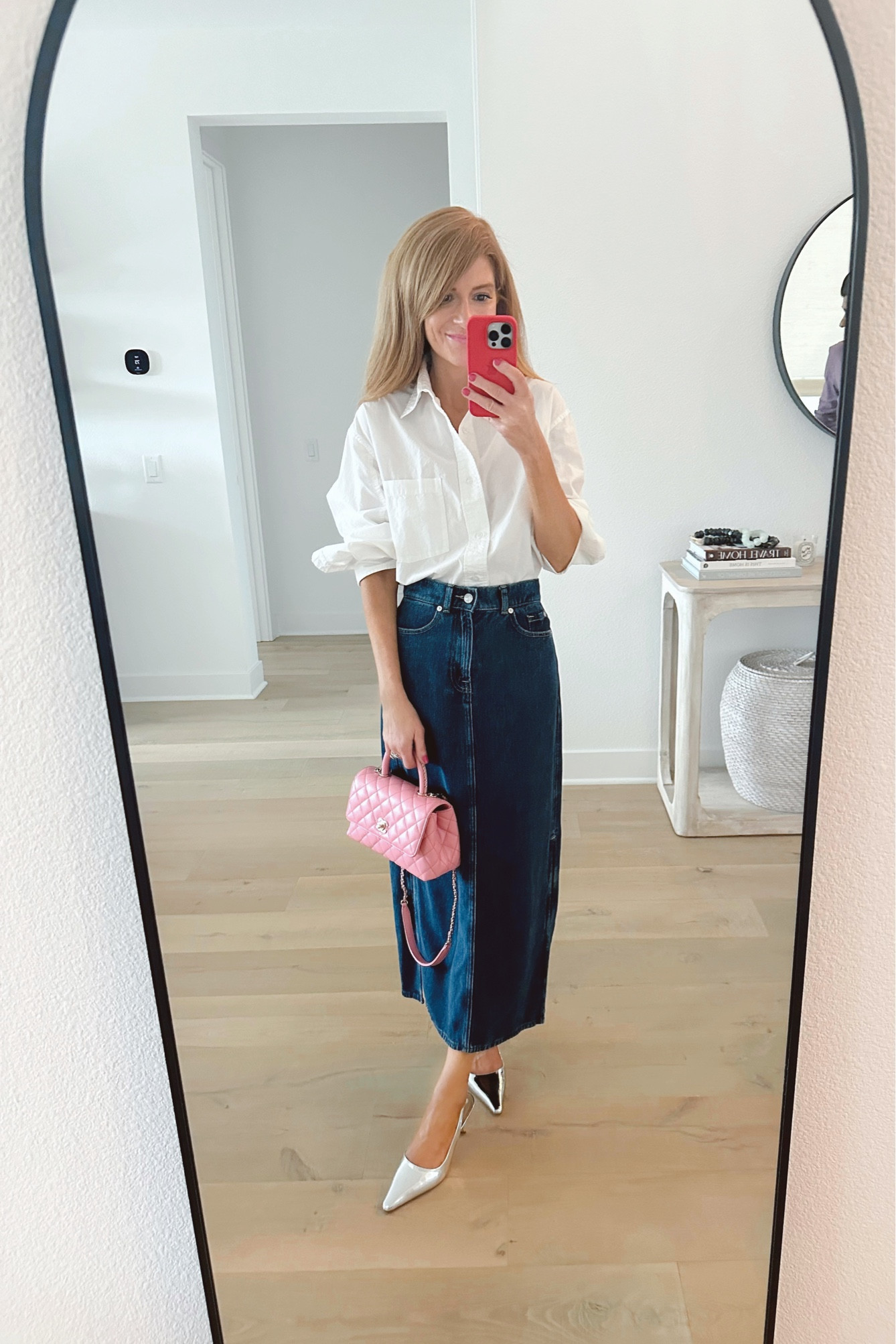 White button down, denim midi skirt, silver slingbacks and a pop of pink for dinner! Love these basics all run true to size 

#LTKSeasonal #LTKshoecrush #LTKunder100