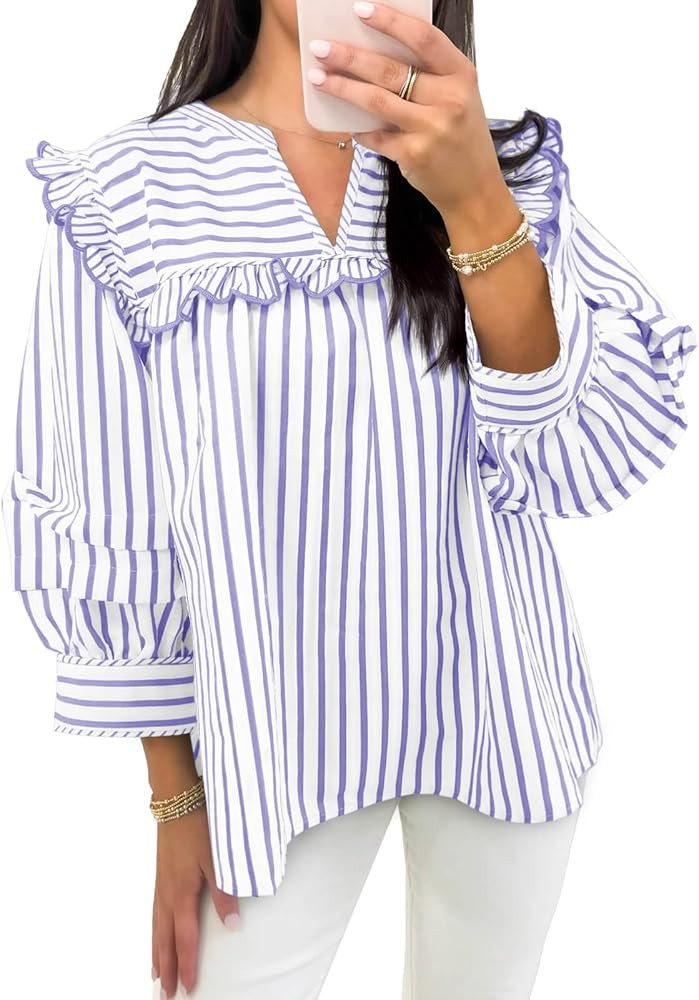 Cicy Bell Womens Striped Babydoll Tops Ruffle V Neck Puff Sleeve Blouses Loose Fit Cute Flowy Shi... | Amazon (US)