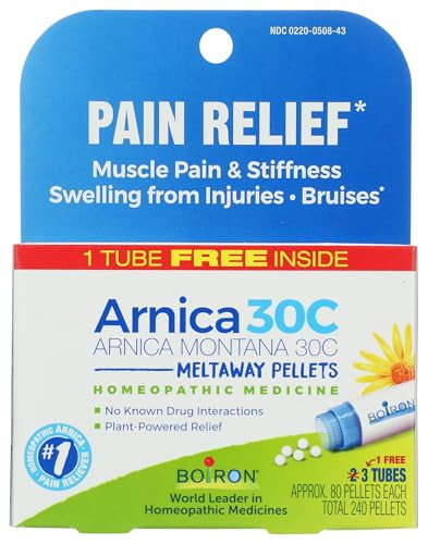 Boiron Arnica Montana 30C Homeopathic Medicine for Relief from Muscle Pain, Muscle Stiffness, Swelling from Injury, and Discoloration from Bruises - 3 Count (240 Pellets) | Amazon (US)
