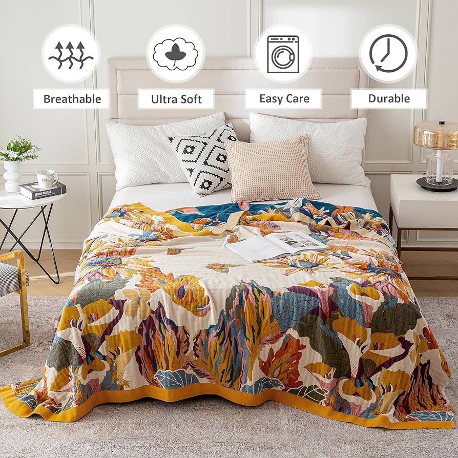 Boho Throw Blanket for Bed - 100% Cotton Ultra Soft Rustic Quilt - Floral Printed Farmhouse Decor... | Amazon (US)