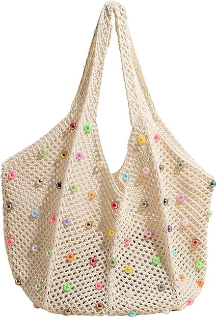 Boho Crochet Beach Tote Shoulder Bag with Colored Beads | Colorful Aesthetic Hippie Knit Bag for ... | Amazon (US)