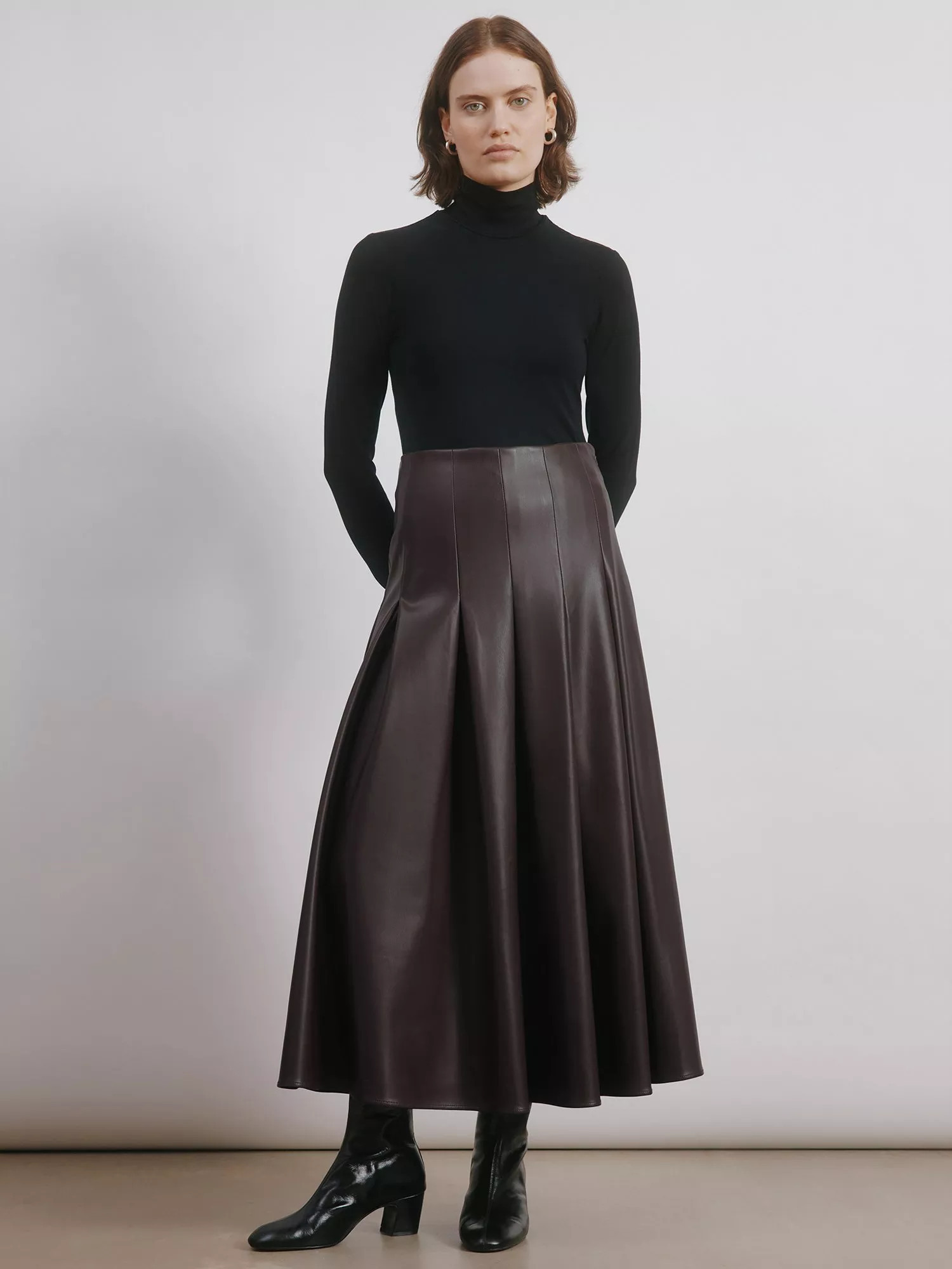 Albaray Pleated Faux Leather Midi Skirt, Chocolate | John Lewis (UK)