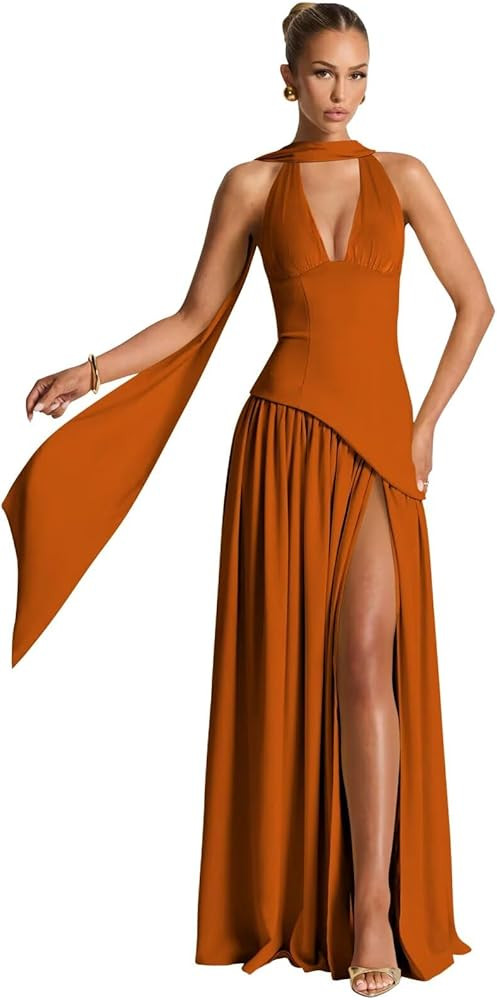 Chiffon Bridesmaid Dresses Halter Long Prom Dress A-Line Ruched Formal Evening Gowns with Slit | Amazon (US)