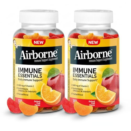 Airborne 400mg Vitamin C Gummies for Adults & Children, Immune Essentials Daily Immune Support Supplement with Vitamins C & E - Orchard Fruit Flavor, 132 Gummies (Pack of 2) | Amazon (US)