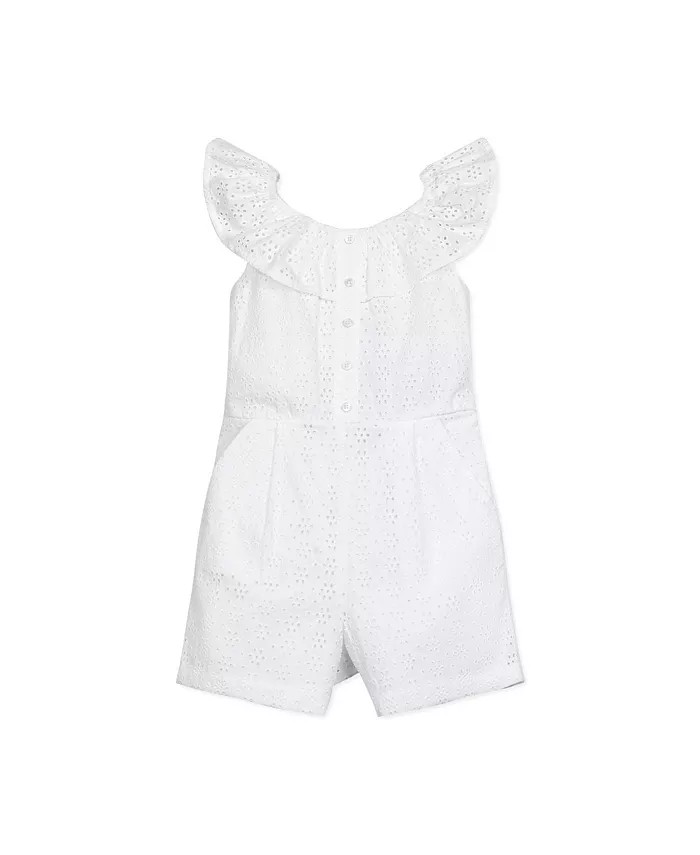 Girls' Ruffle Collar Button Front Eyelet Romper, Toddler | Macy's