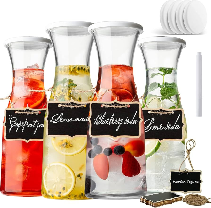 Set of 4 Glass Carafe Pitchers with Lids, Facilfeliz 1 Liter Beverage Pitcher Carafe Set for Mimo... | Amazon (US)