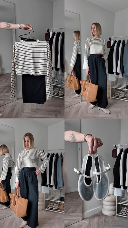 Casual chic Parisian style outfit 🤍Wide leg eans and stripe WAT The Brand (true to size) | Sezane suede bag | mango mesh ballet flats | GHD mini styler to recreated a 90s straight bob hairstyle 

#LTKeurope #LTKfindsunder100 #LTKbeauty