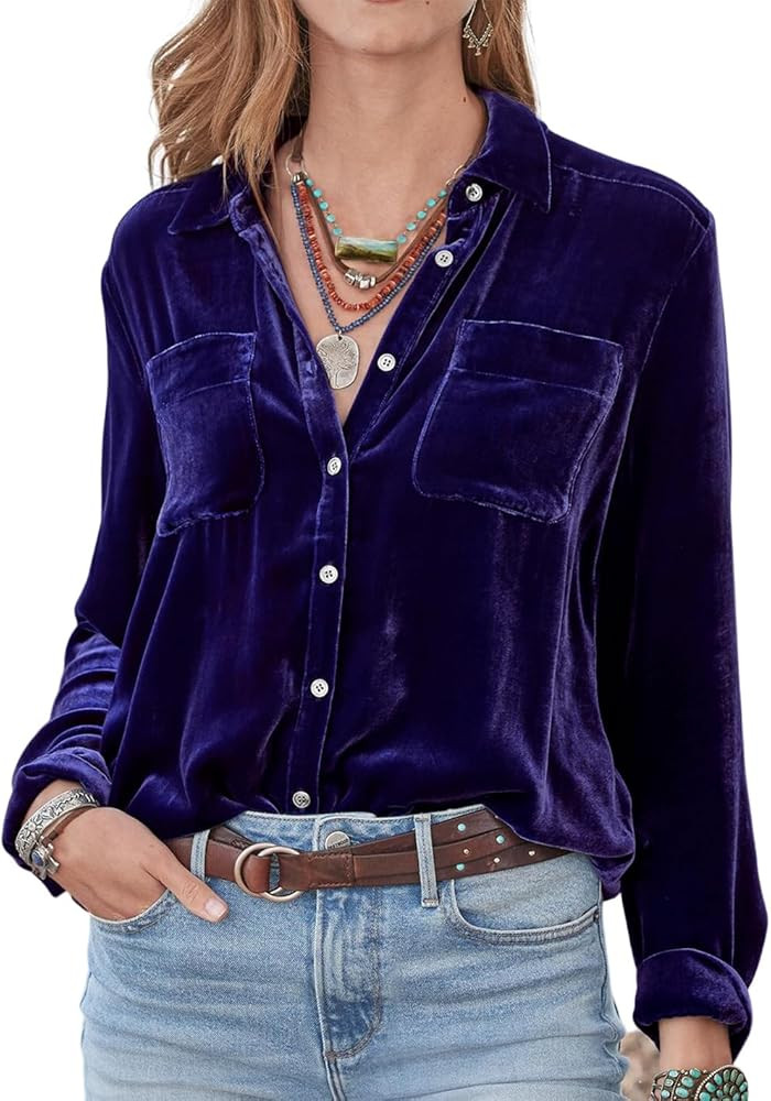 R.Vivimos Womens Winter Velvet Long Sleeve Button Down Casual Tops Shirts | Amazon (US)