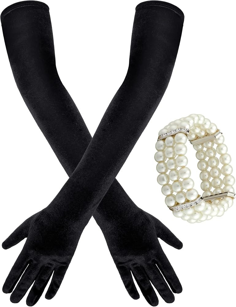 Zhanmai 3 Pieces Long Velvet Opera Gloves and Pearl Bracelet Set for Women 1920s Evening Party Co... | Amazon (US)