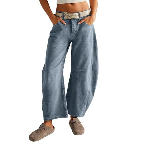 Barrel Jeans Women Wide Leg Low Rise Barrel Denim Pants Vintage Horseshoe Jeans with Pockets Blue | Amazon (US)