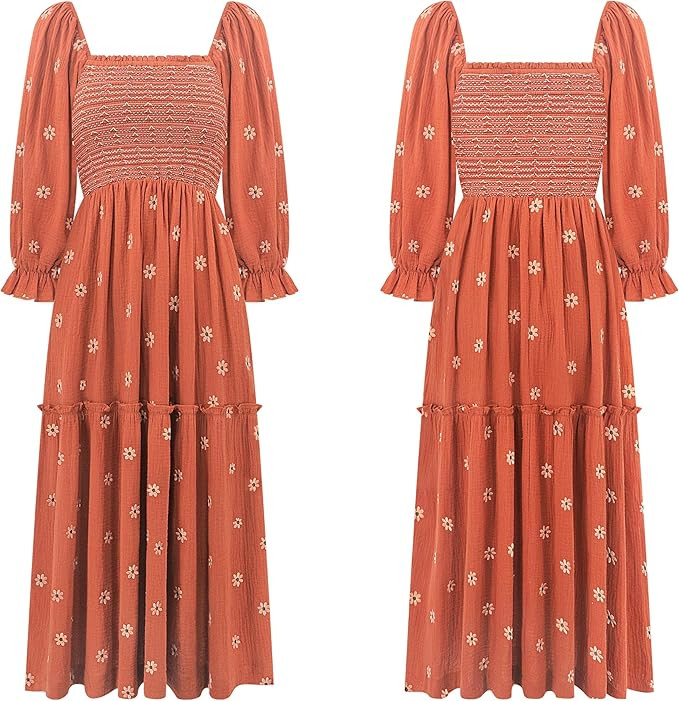 R.Vivimos Women's Long Sleeve Cotton Boho Midi Dress Vintage Square Neck Floral Embroidered Tiere... | Amazon (US)