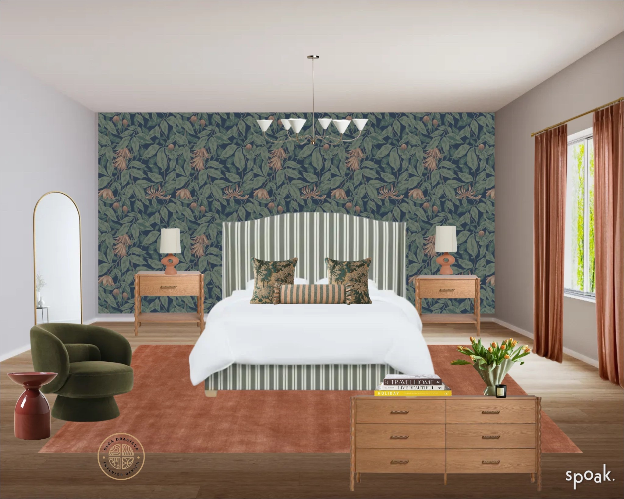 Beautiful and maximalist bedroom design/mood board. I love the floral and striped trend! Botanical wallpaper, striped queen bed, dresser and night stands, organic lamp, white chandelier, green velvet side chair, terracotta rug, green vase and terracotta curtains.  

#LTKHome #LTKSpringSale #LTKSeasonal