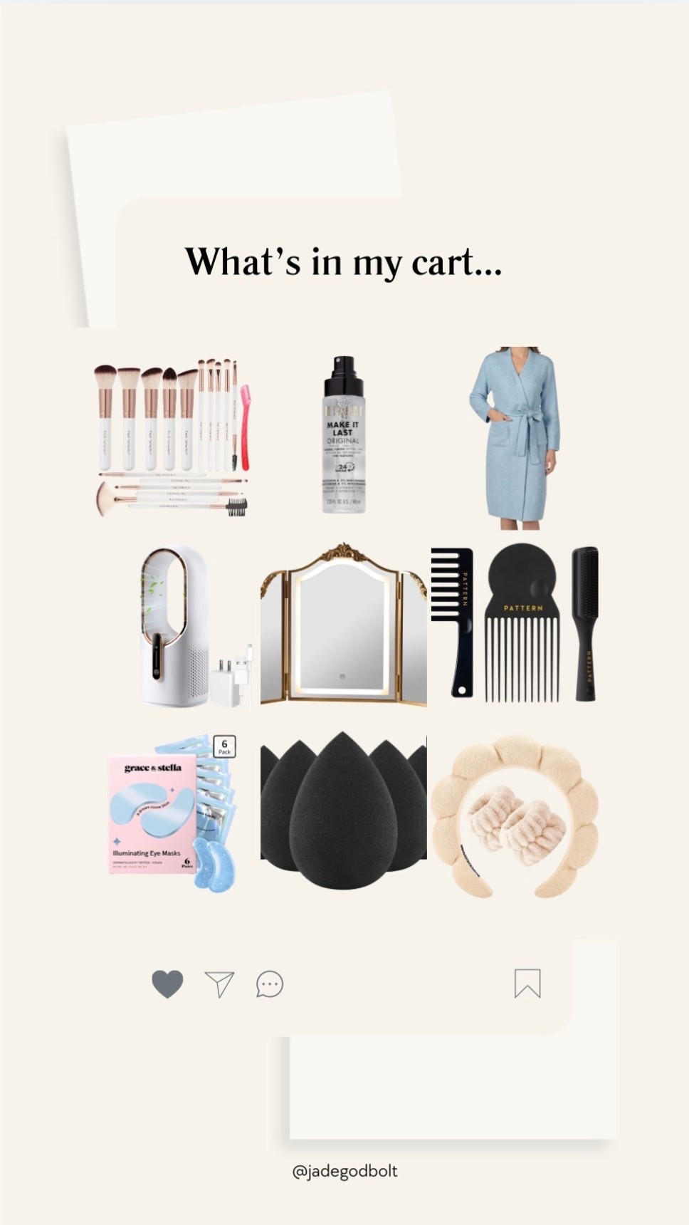 Amazon get ready staples! 

What’s in my cart, robe, setting spray, makeup brush set, eye mask, portable fan, beauty sponge, headband, vanity mirror

#LTKootd #LTKmomlife #LTKselfcare