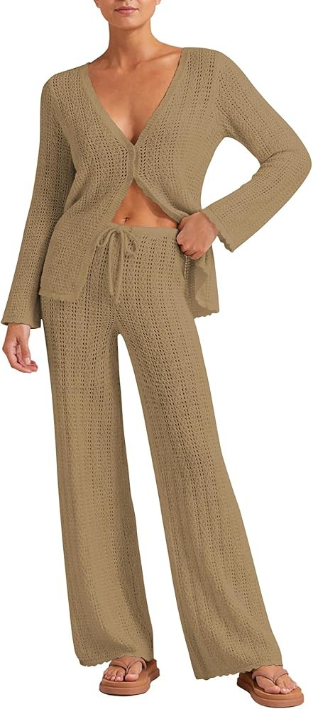 Womens Beach Cover Up Sets 2 Piece Crochet Long Sleeve Button Cardigan Top and Pants Vacation Res... | Amazon (US)