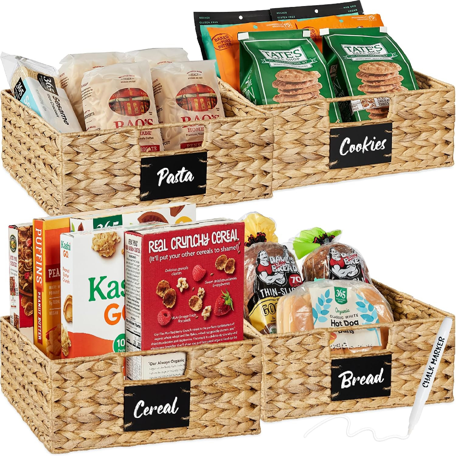 Best Choice Products Set of 4 13x12in Water Hyacinth Pantry Baskets, Woven Organizers w/Chalkboard Label, Chalk Marker - Natural | Amazon (US)
