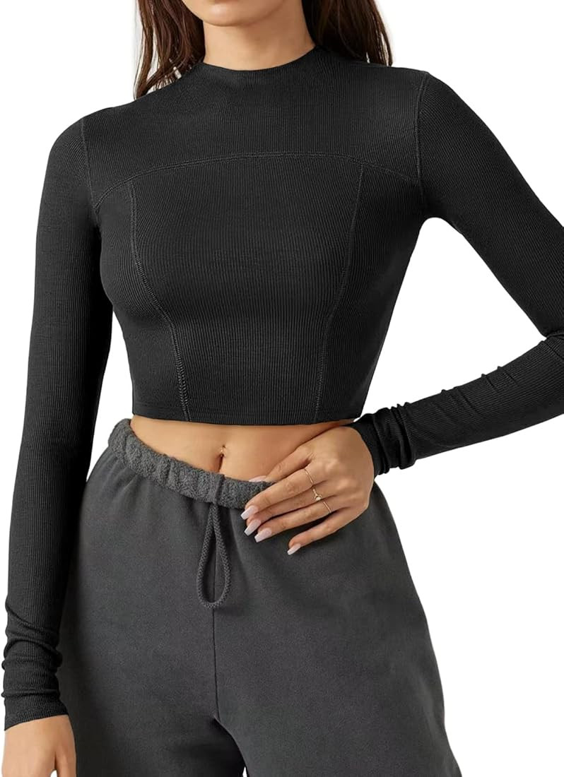 Womens Seamless Workout Top Long Sleeve Ribbed Yoga Running Shirt Cropped Athletic Shirts Slim Fi... | Amazon (US)
