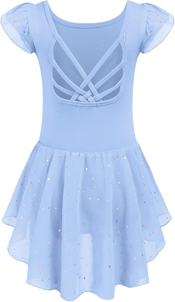 Arshiner Girls Shiny Ruffle Sleeve Ballet Leotard with Skirt Criss-Cross Back Dance Dresses | Amazon (US)