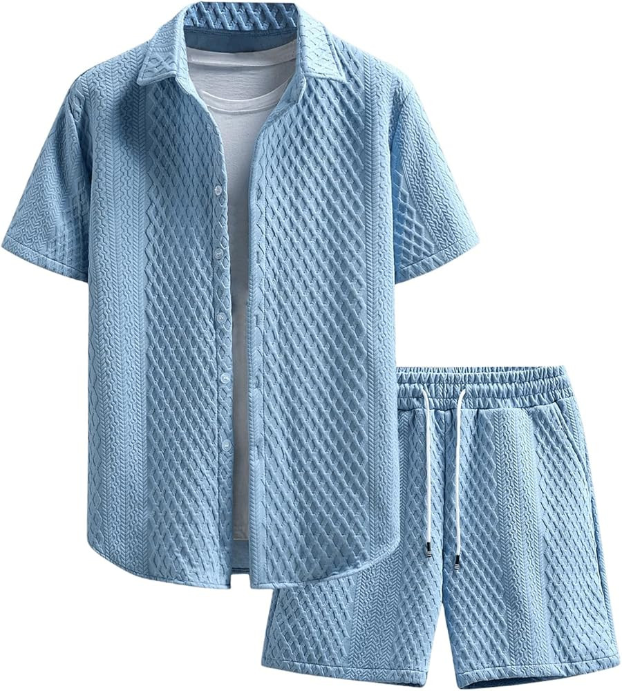 GORGLITTER Men's 2 Piece Outfits Waffle Knit Button Down Shirt Top and Shorts Set | Amazon (US)