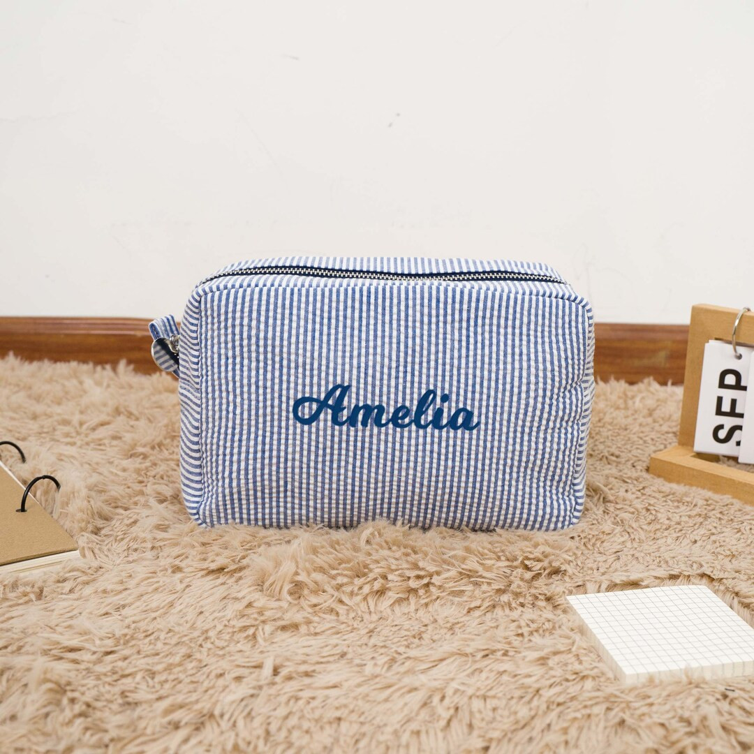 Personalized Seersucker Cosmetic Bag, Monogrammed Toiletry Bag, Bridal Gift, Baby Gift, Birthday ... | Etsy (US)