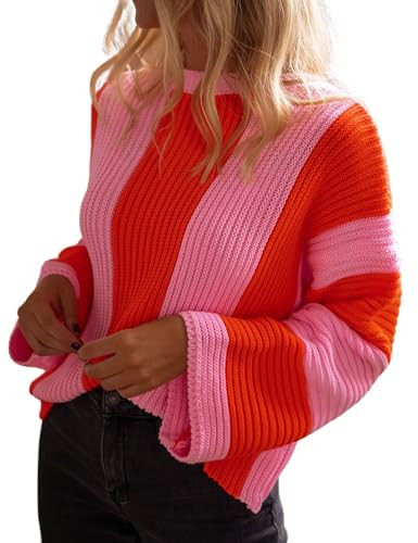 InterNos Womens Striped Bell Sleeve Pullover Sweater Loose Color Block Crew Neck Vertical Knitwea... | Amazon (US)