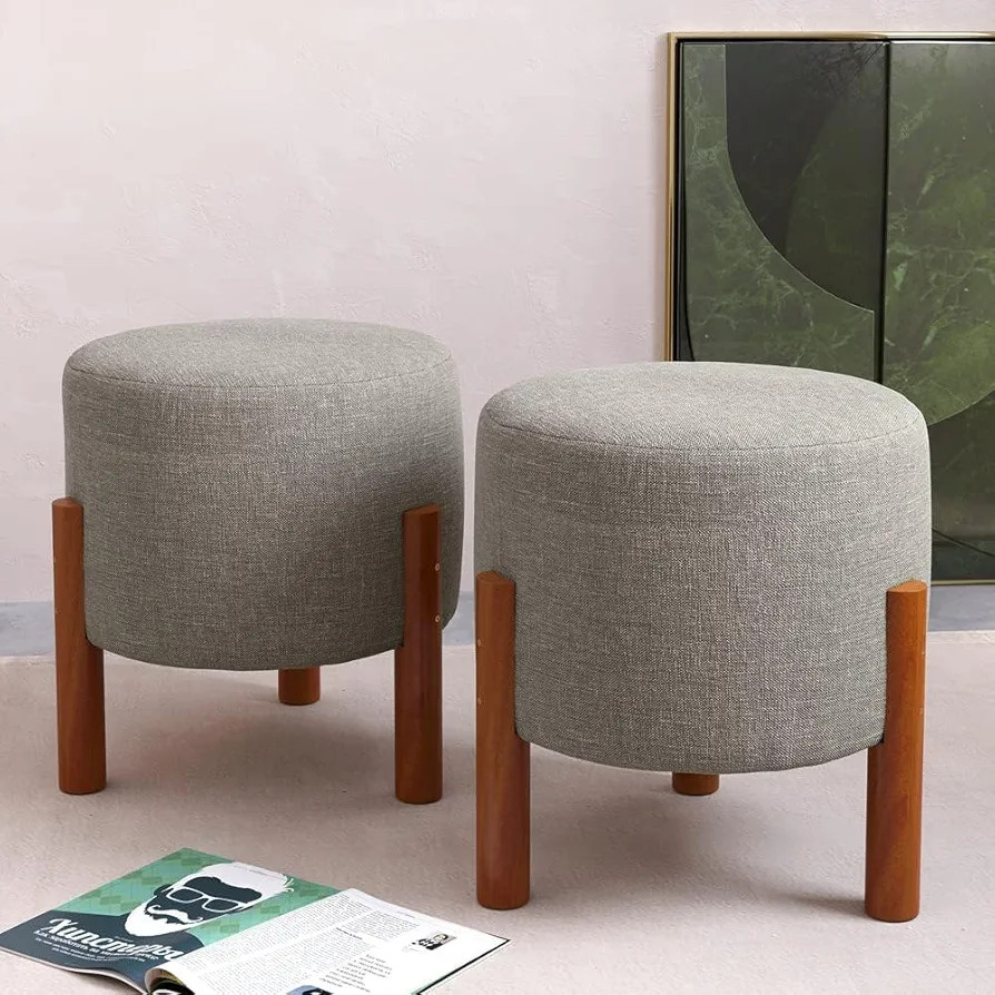 Kit 2 Puff Banquinho Redondo Decorativo Thor em Linho Pés Madeira Maciça Cor Cinza | Amazon (BR)