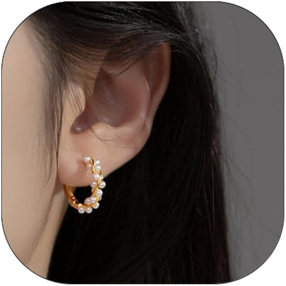 Gold Pearl Hoop Earrings for Women Trendy Twist Pearl Cluster Hoop Earring | Amazon (US)