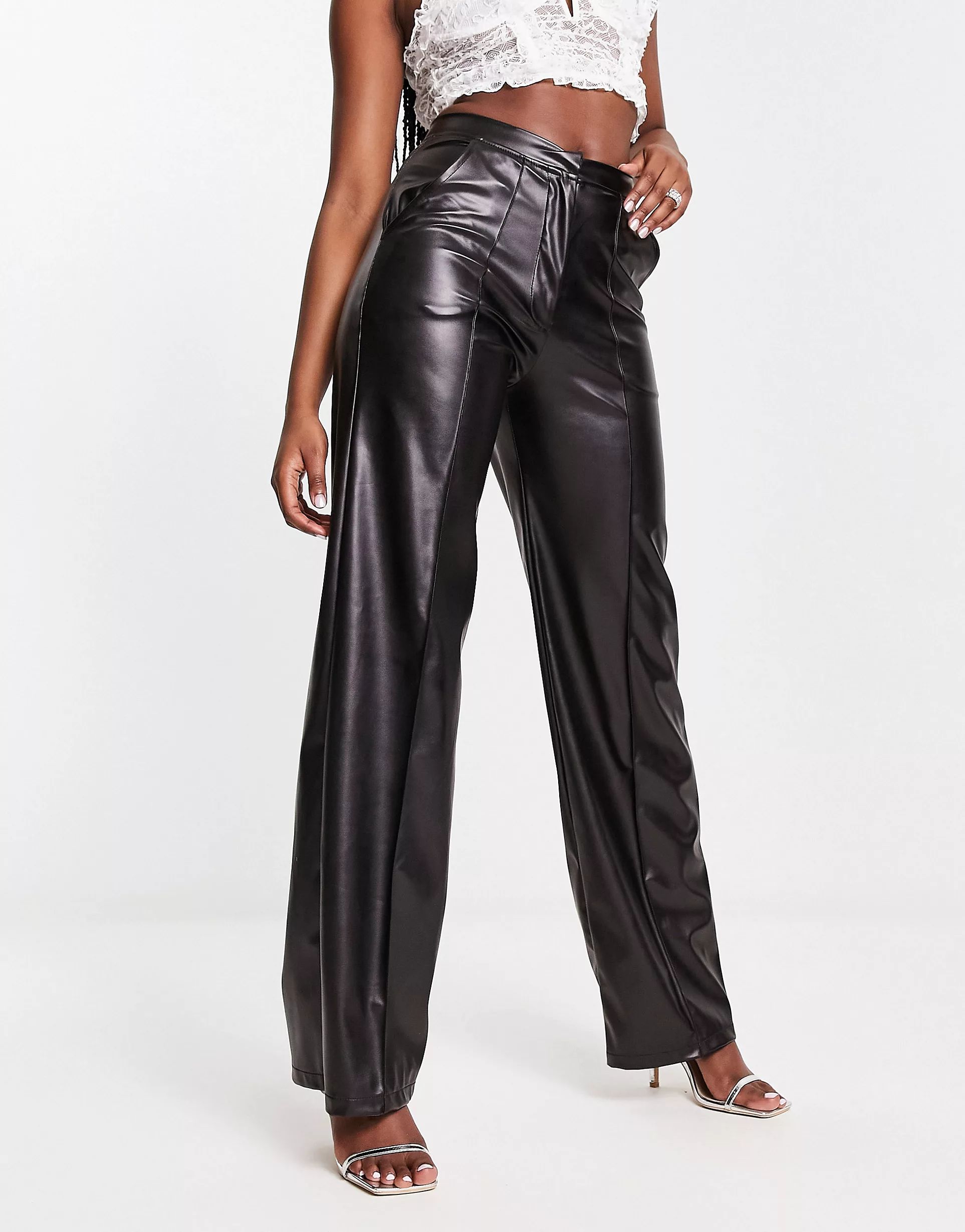 ASOS DESIGN leather look wide leg pants in black | ASOS (Global)
