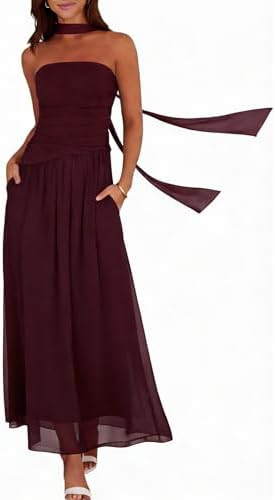 Women's Strapless Ruched Maxi Dress with Scarf, Wedding Guest | Amazon (US)