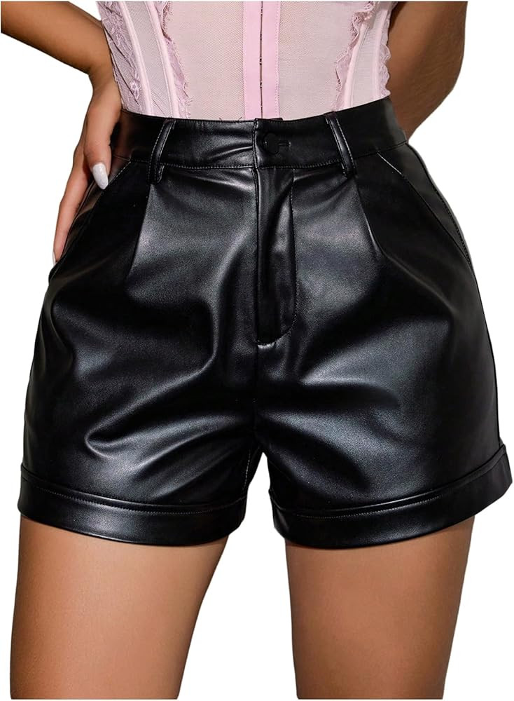 WDIRARA Women's Faux Leather Shorts High Waisted Straight Leg Y2k Shorts with Pockets | Amazon (US)