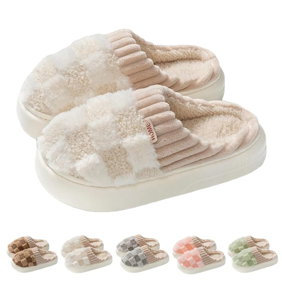Checkered Slipper House Slippers for Women Men Plush Warm Fuzzy Slippers Flyffy Bedroom Shoes Ind... | Amazon (US)