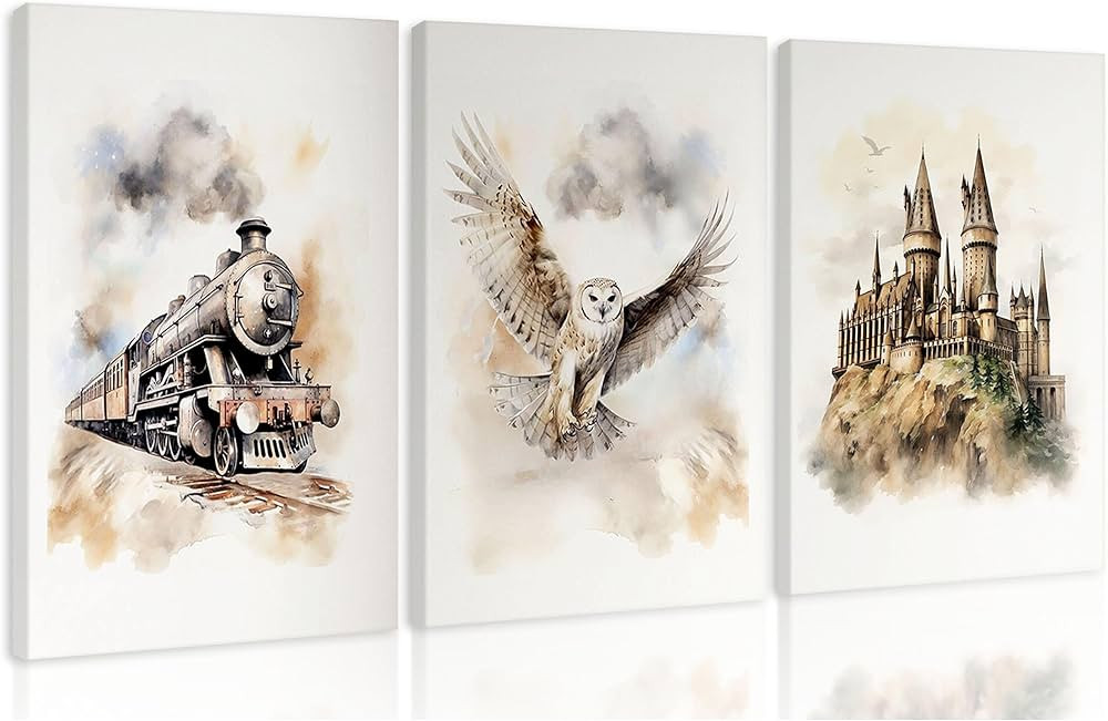 3 pcs Vintage Magic Canvas Wall Art Express Train Owl Magic Castle Picture Wall Decor Magic Lover... | Amazon (US)