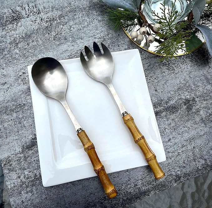 Nature Real Bamboo Handle Serving Set 10 inch Salad Spoon and fork 2-Piece Set Stainless Steel 18... | Amazon (US)