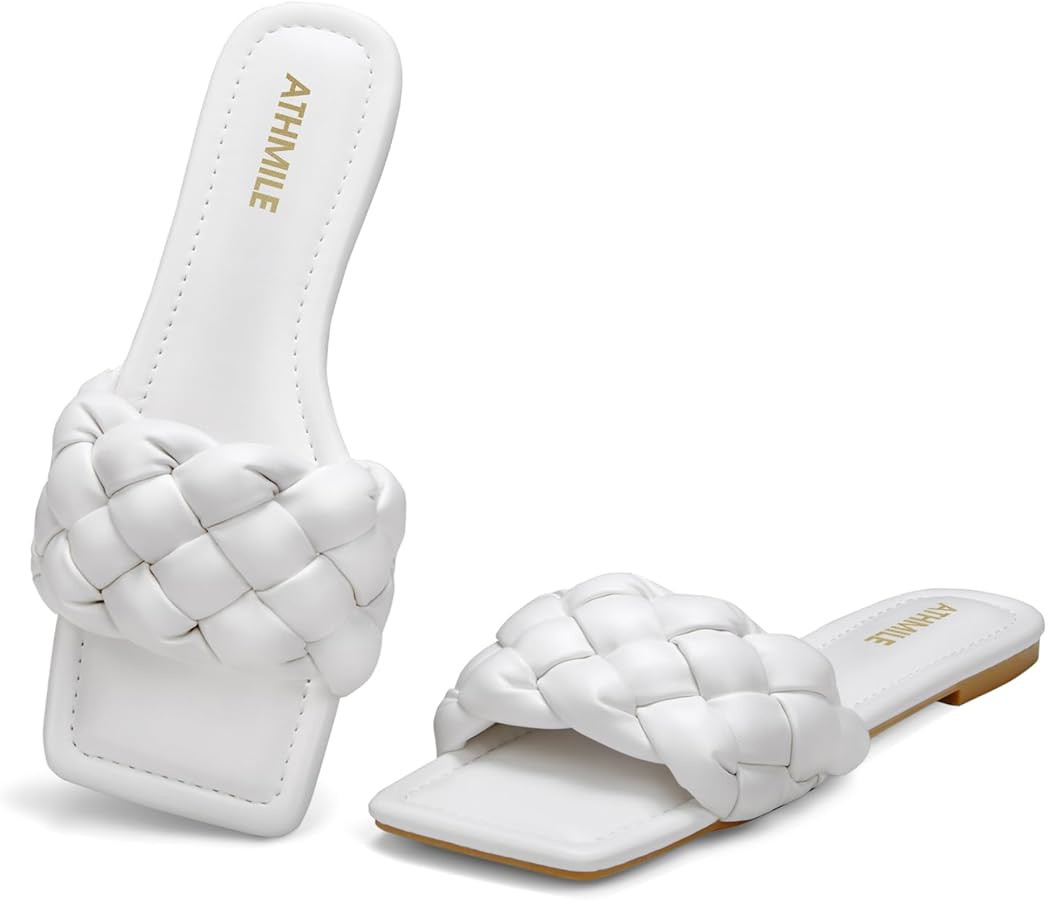 ATHMILE Braided Womens Sandals Square Open Toe Fashion Slide Sandals Women Dressy Summer Flat Bea... | Amazon (US)