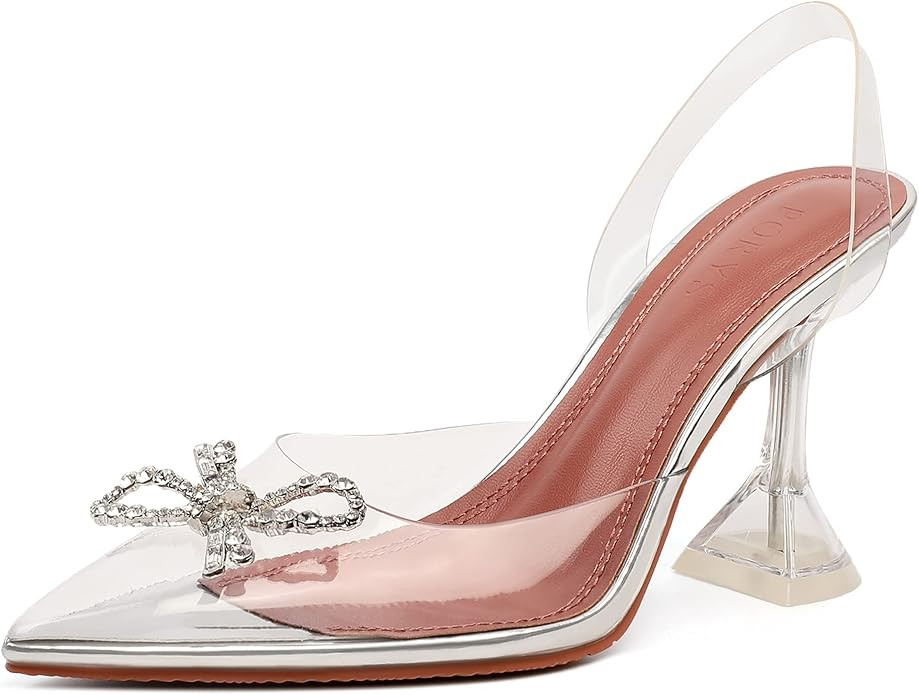 PORYS Clear Heels for Women, Rhinestone Bow Heels for Women, Pointed Toe Wedding Heels, Slingback... | Amazon (US)