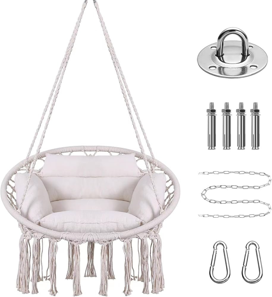 Goutime Macrame Patio Swing Chair,Boho Hammock Hanging Cotton Rope Chair with Cushion and Hardwar... | Amazon (US)