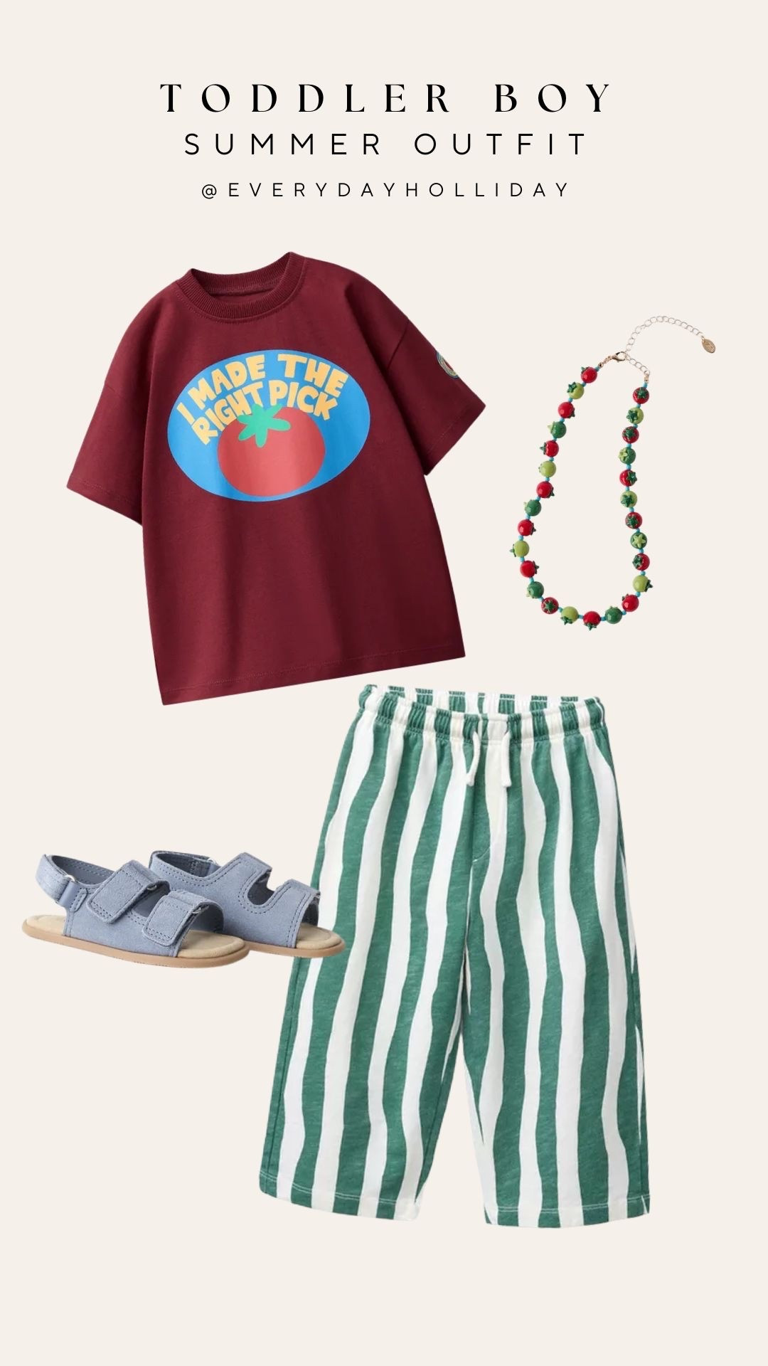 A tomato graphic tee, green and white striped shorts, blue velcro sandals, and a beaded necklace — this Zara toddler boy summer outfit is giving so much personality. All linked!

#LTKootd #LTKBaby #LTKKids