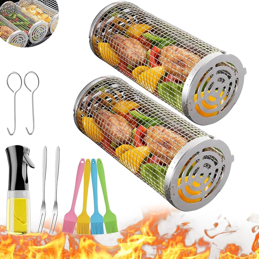 Wrakus Rolling Grilling Baskets for Outdoor - Grill Grate Charcoal Round BBQ Stainless Steel Bask... | Amazon (US)
