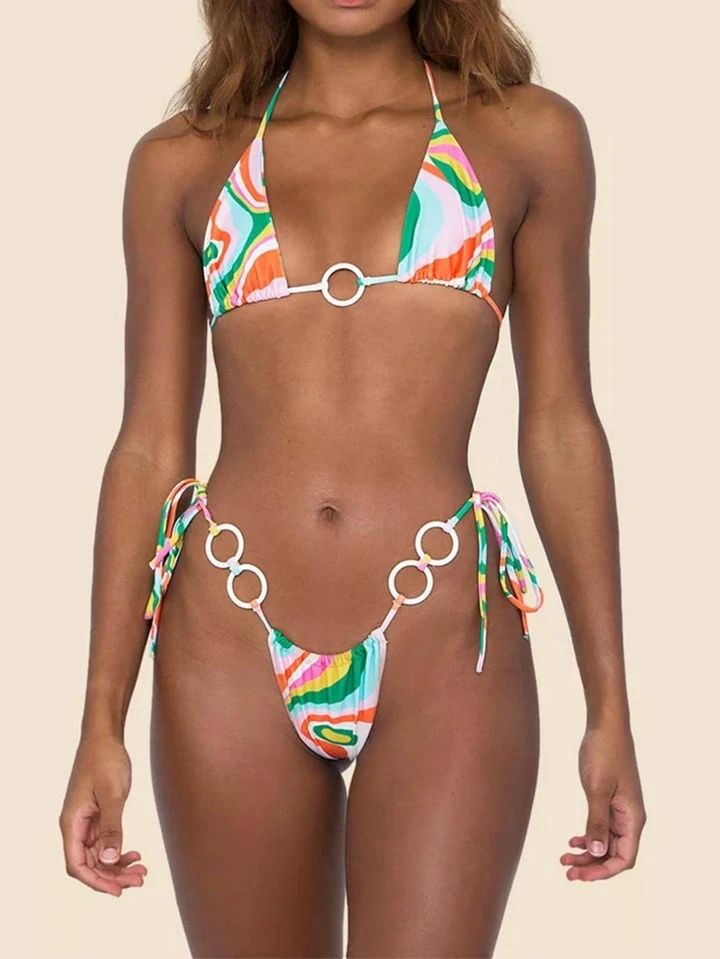 Allover Print Ring Linked Halter Triangle Bikini Swimsuit | SHEIN