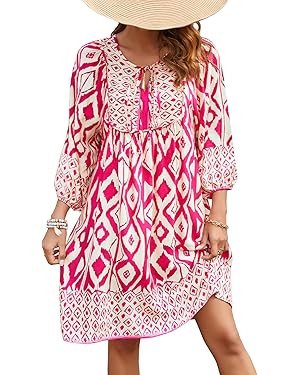 Qearal Womens Casual V Neck 3/4 Sleeve Boho Floral Printed Loose Short Mini Summer Beach Dress | Amazon (US)
