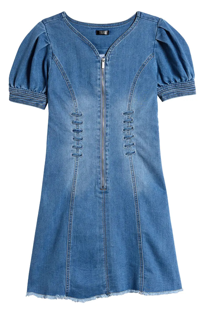 Truce Kids' Zip Front Puff Sleeve Fray Hem Denim Dress | Nordstromrack | Nordstrom Rack