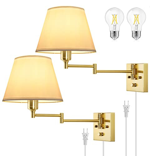 TRLIFE Wall Sconce Plug in, Brushed Brass Dimmable Wall Sconces Set of 2 Swing Arm Wall Lights wi... | Amazon (US)