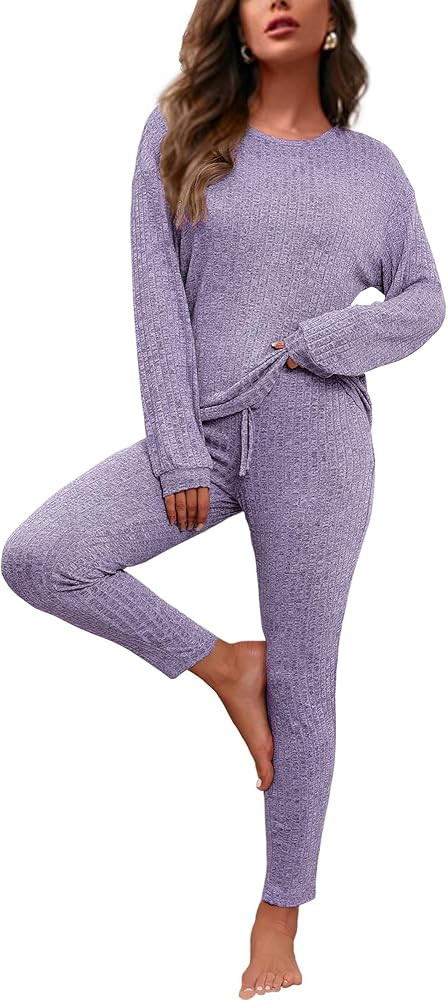 difficort Womens Pajama Sets Long Sleeve Pjs Soft Sleepwear Ribbed Knit Lounge Set with Pockets | Amazon (US)