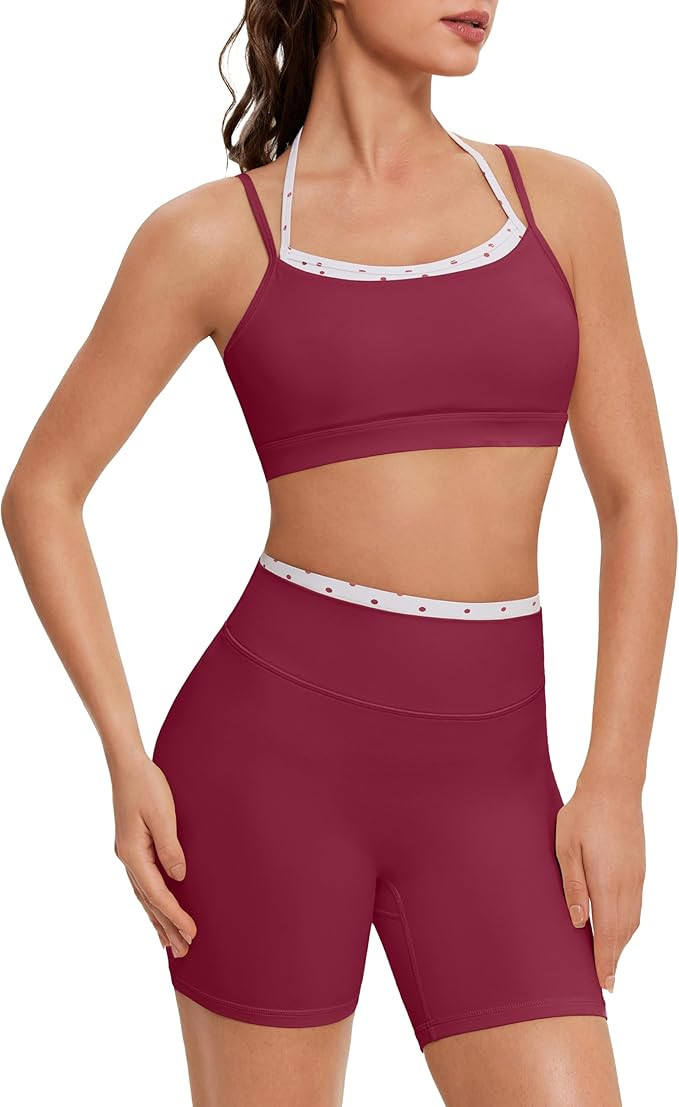 OMKAGI Workout Sets for Women Cute Doubel Layer Open Back Sports Bras Gym Shorts Outfits | Amazon (US)