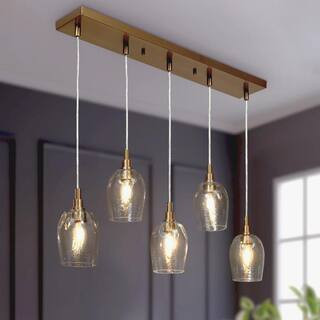 Uolfin Mid-Century Modern Kitchen Island Linear Chandelier 5-Light Plating Brass Chandelier with ... | The Home Depot