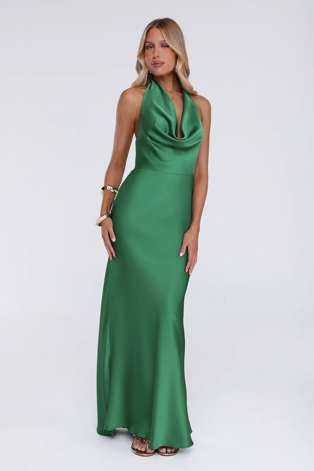Cherry Whirl Satin Halter Maxi Dress Emerald | Hello Molly (US)