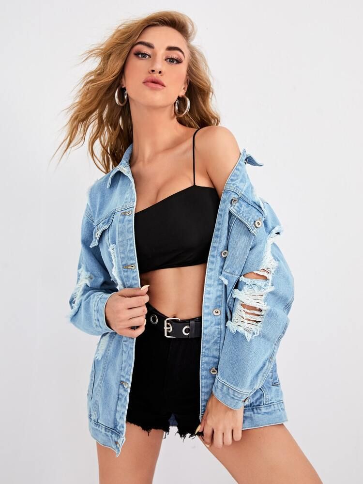 Distressed Longline Denim Jacket | SHEIN