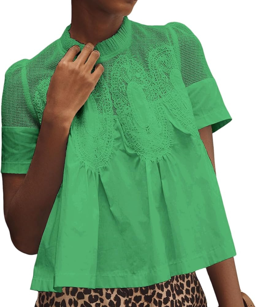 VAOYIU Women Lace-Detail Flared Blouse Short-Sleeve Crew Neck Lace Poplin Mesh Swing Top Elegant ... | Amazon (US)