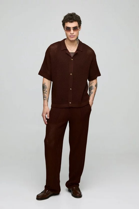 Oversized Revere Knitted Shirt & Relaxed Pants Set | boohooMAN (US & Canada)