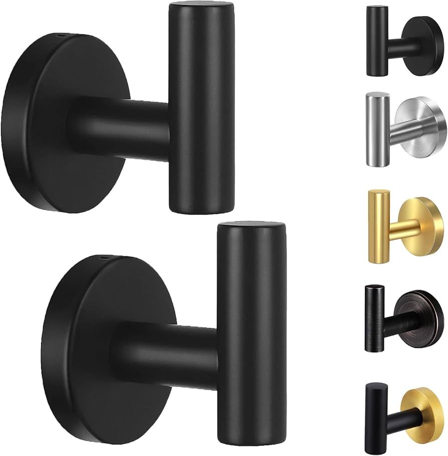 Towel Hooks for Bathroom,2 Packs Wall Mount Towel Holder,Black Matte Wall Robe Hook,Stainless Ste... | Amazon (US)