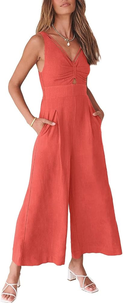 ANRABESS Womens Jumpsuits Summer Linen Wide Leg Sleeveless V Neck Casual Dressy Rompers Pants 202... | Amazon (US)
